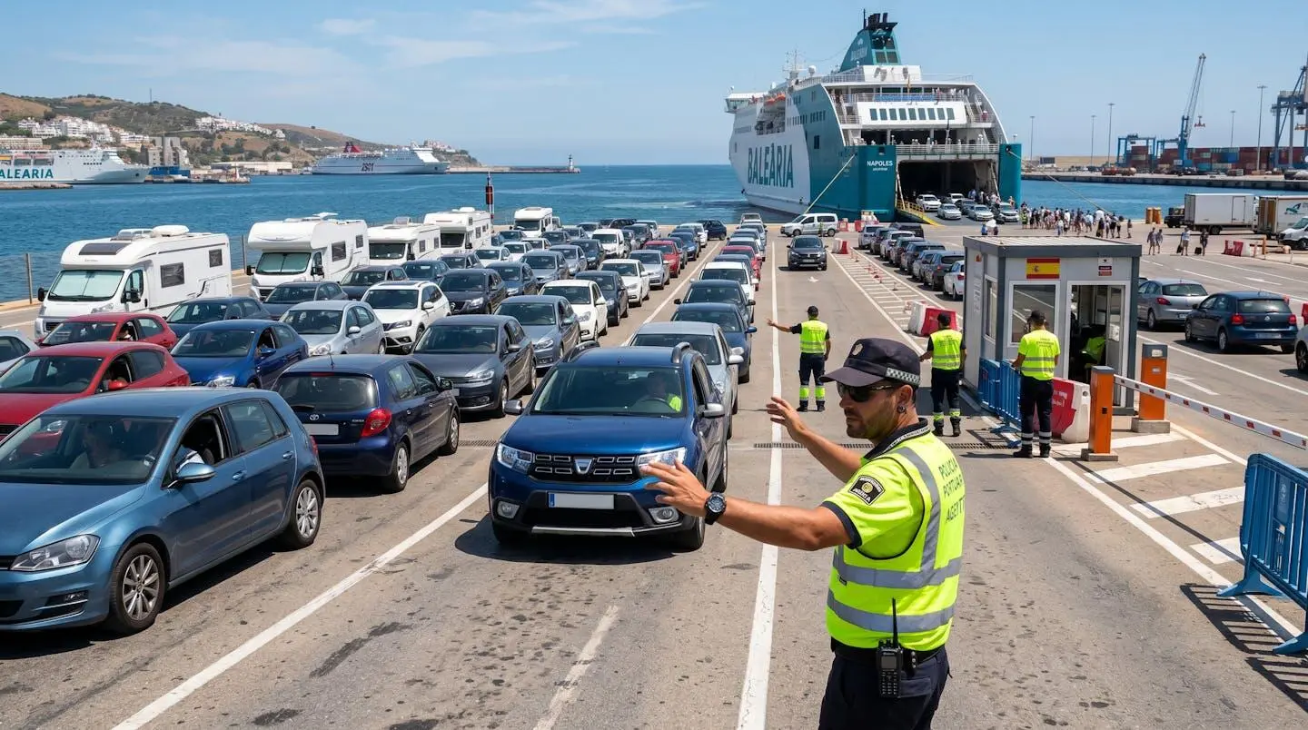 File de véhicules ordonnée dans la zone de pré-embarquement d'un port méditerranéen, agents en gilet fluorescent orientant les conducteurs