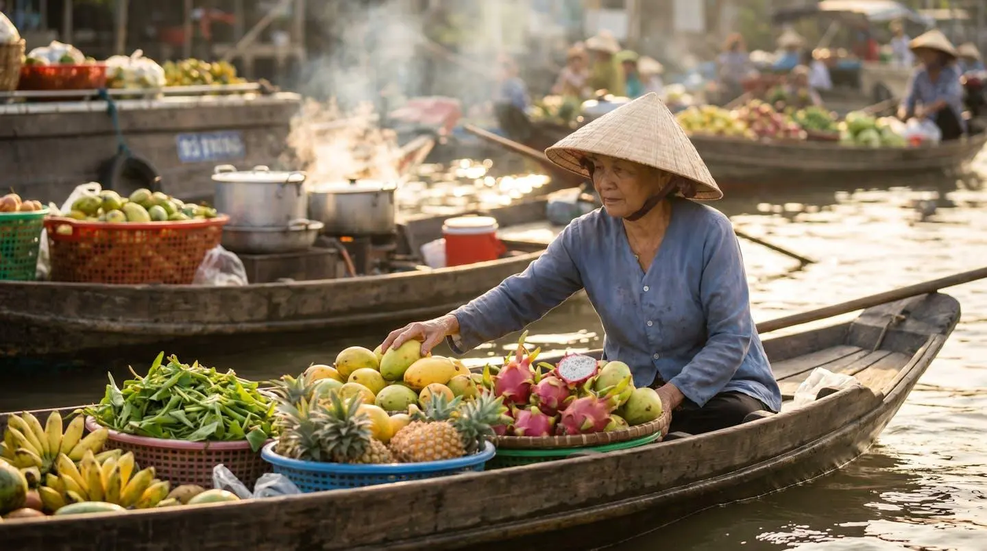 Femme en chapeau conique vendant des fruits depuis un sampan sur le marché flottant de Cái Răng au lever du jour