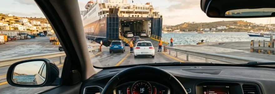 Vue depuis l'intérieur d'un véhicule se dirigeant vers la rampe d'embarquement d'un ferry au port, lumière dorée de fin d'après-midi