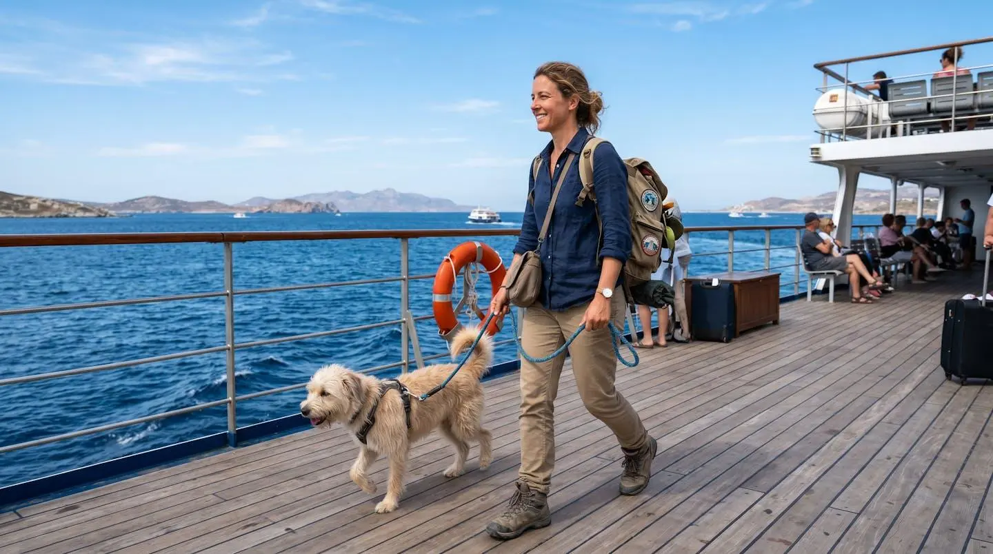 Voyageur promenant son chien en laisse sur le pont extérieur d'un ferry en Méditerranée, mer bleue et ciel dégagé en arrière-plan