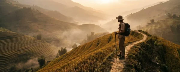 Voyageur contemplant des rizières en terrasses dorées au coucher du soleil dans le nord du Vietnam