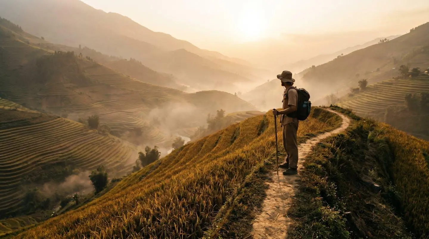 Voyageur contemplant des rizières en terrasses dorées au coucher du soleil dans le nord du Vietnam